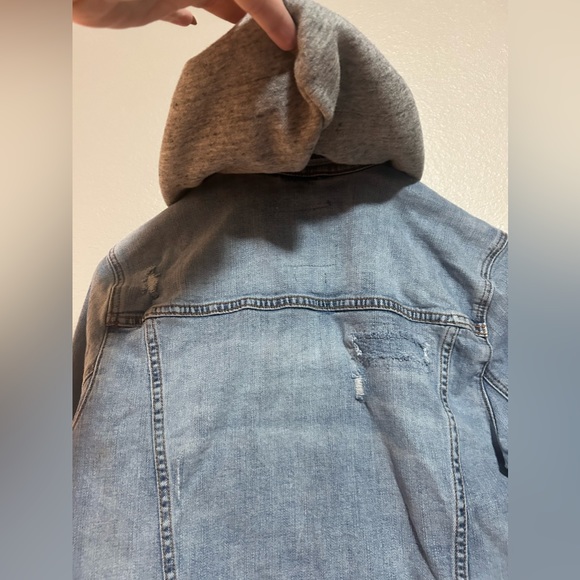 Hollister distressed light blue denim jean coat w/ grey sweatshirt hood -size m - Picture 6 of 11
